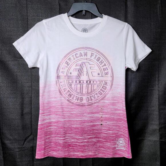 AMERICAN FIGHTER PINK WHITE GRAPHIC IRIDESCENT TEE WOMENS MEDIUM NWT - Picture 1 of 9